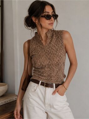 Vintage Y2K Tan Brown textured plisse stretchy tank model off duty Small